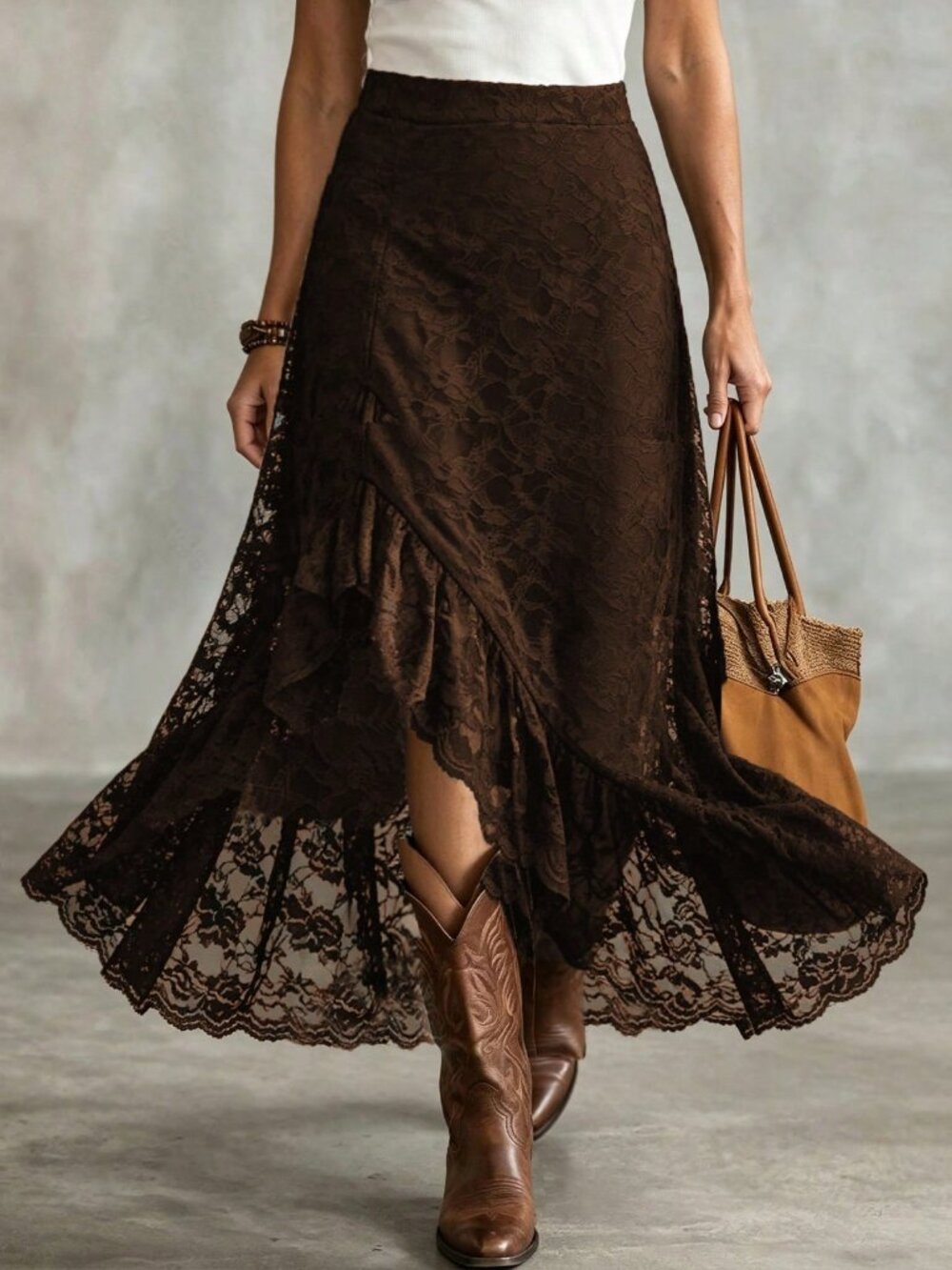 Brown Elegant Women's Western Casual Lace Elastic Waist Ruffle Hem Slit Skirt